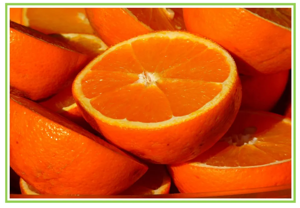 Fruit flashcard 2 for writing prompts and discussion: cut oranges showing orange flesh, peel, and segments