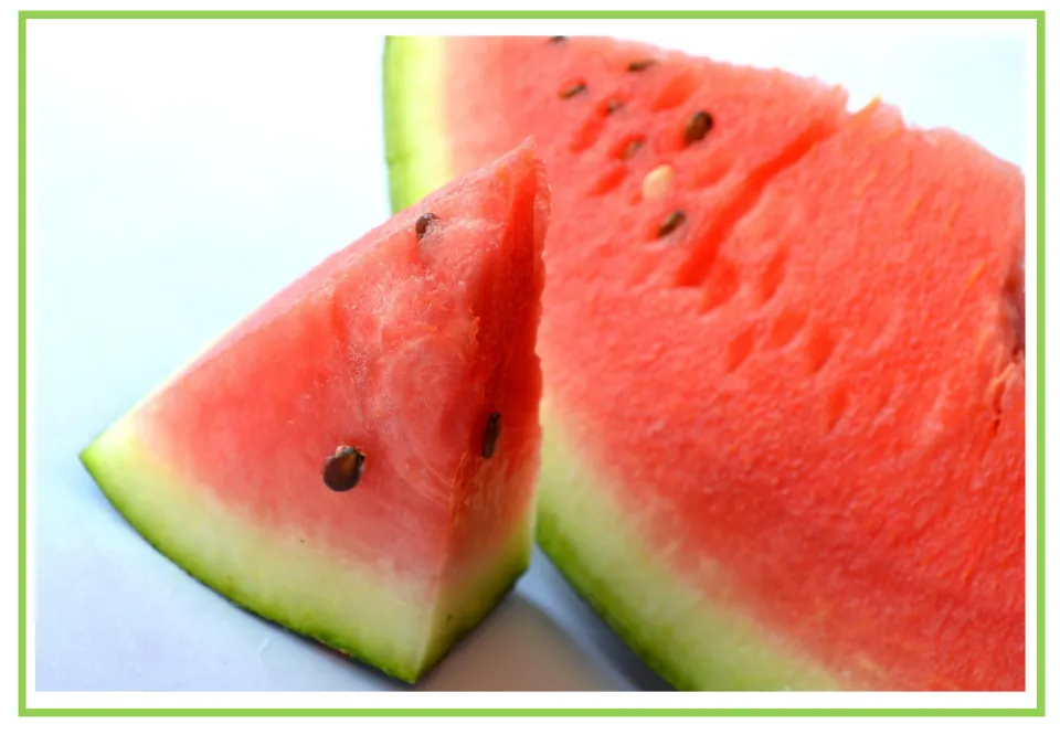 Fruit flashcard 4 for writing prompts and discussion: watermelon wedges with red flesh and dark seeds