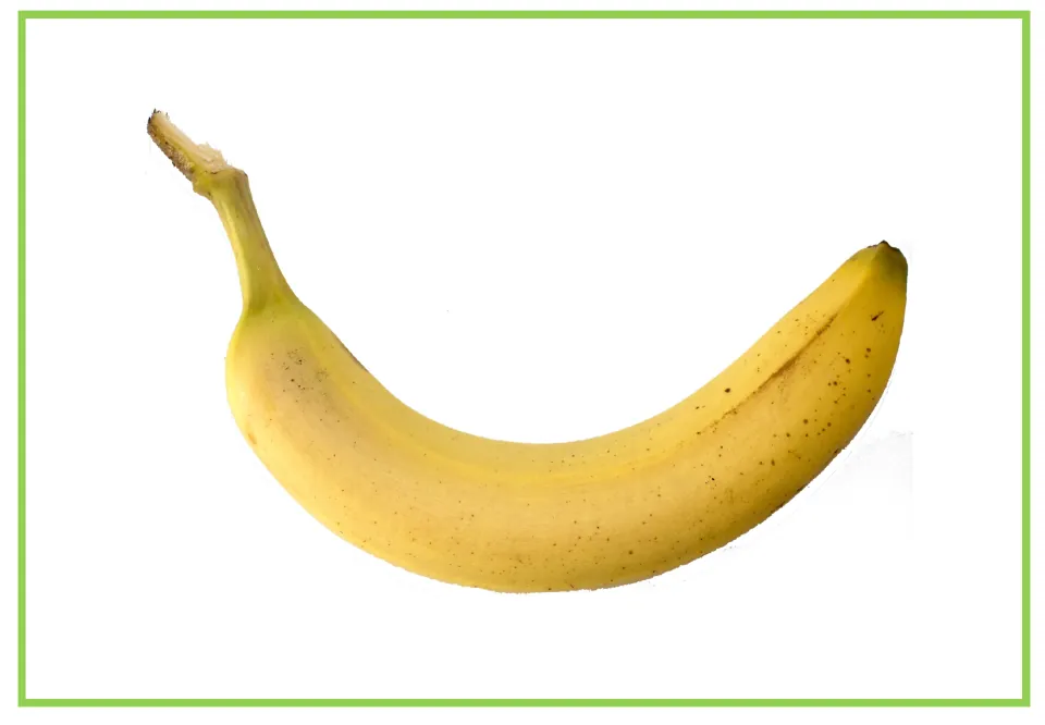 Fruit flashcard 7 for writing prompts and discussion: a single curved yellow banana with its peel intact