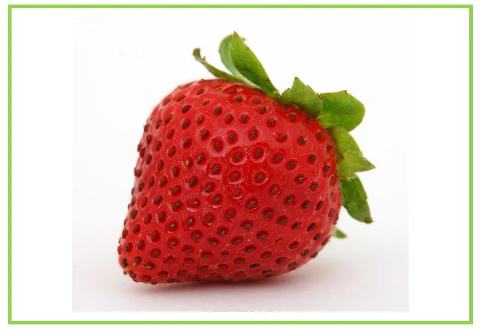 Fruit flashcard 9 for writing prompts and discussion: one red strawberry with surface seeds and green leaves