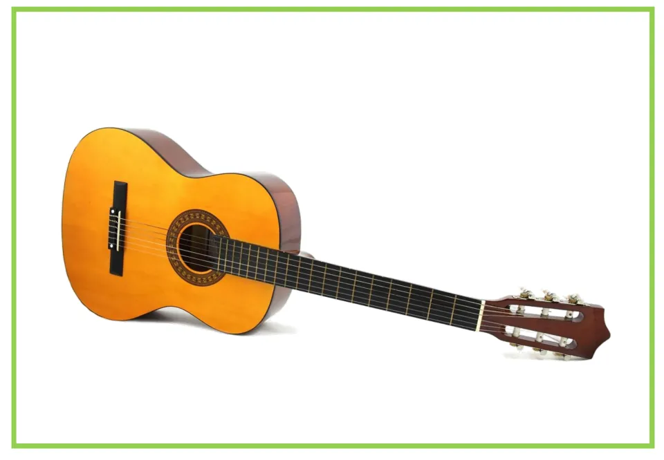 Musical instrument writing and discussion flashcard featuring an acoustic guitar with six strings