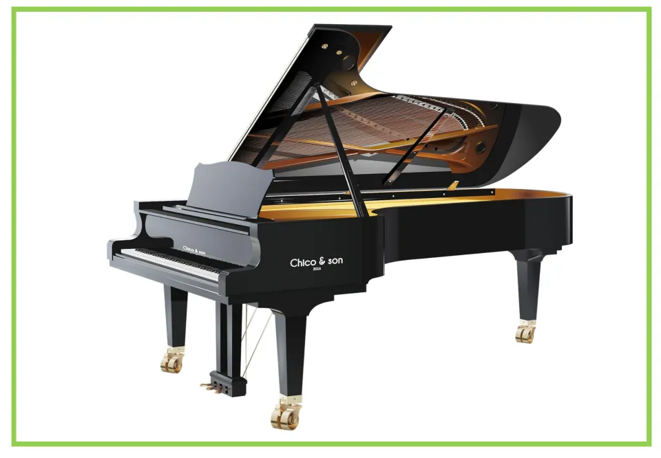 Musical instrument writing and discussion flashcard featuring a grand piano with its lid raised