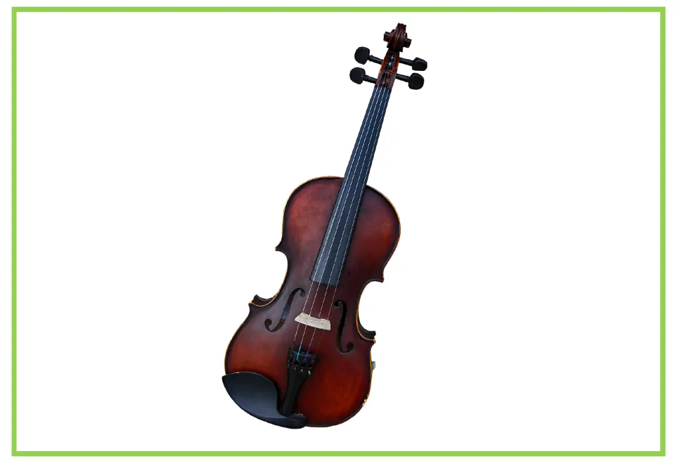 Musical instrument writing and discussion flashcard featuring a violin with strings and a chin rest