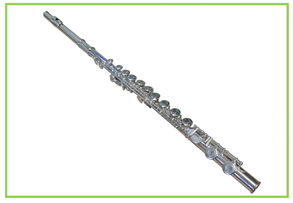 Musical instrument writing and discussion flashcard featuring a silver flute with its keys visible
