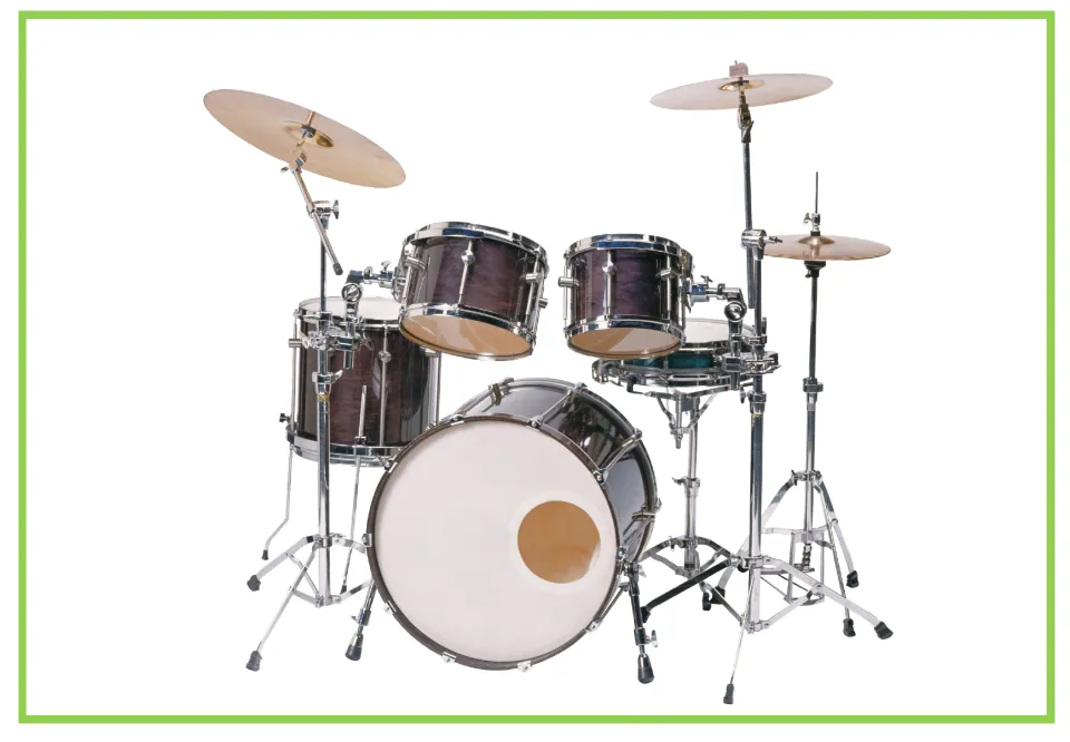 Musical instrument writing and discussion flashcard featuring a drum set with drums and cymbals