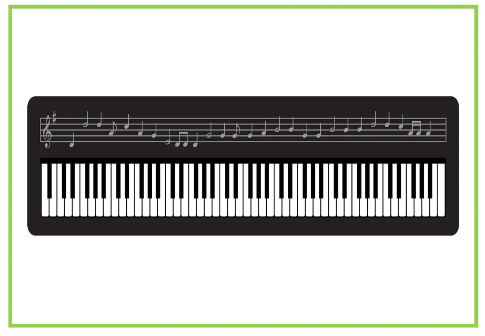 Musical instrument writing and discussion flashcard featuring a keyboard with musical notation above the keys