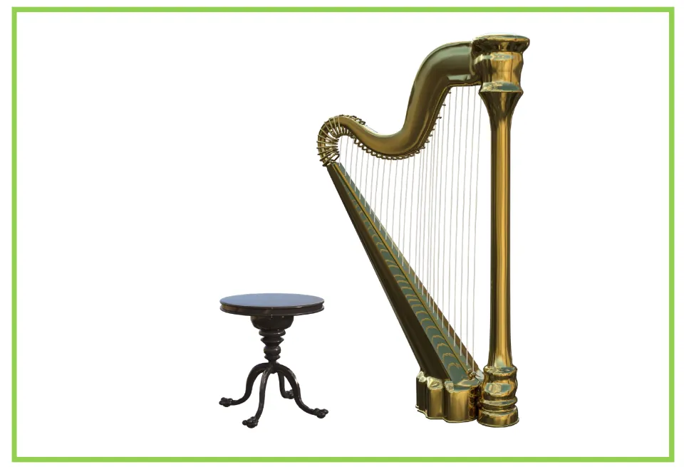 Musical instrument writing and discussion flashcard featuring a harp beside a round piano stool