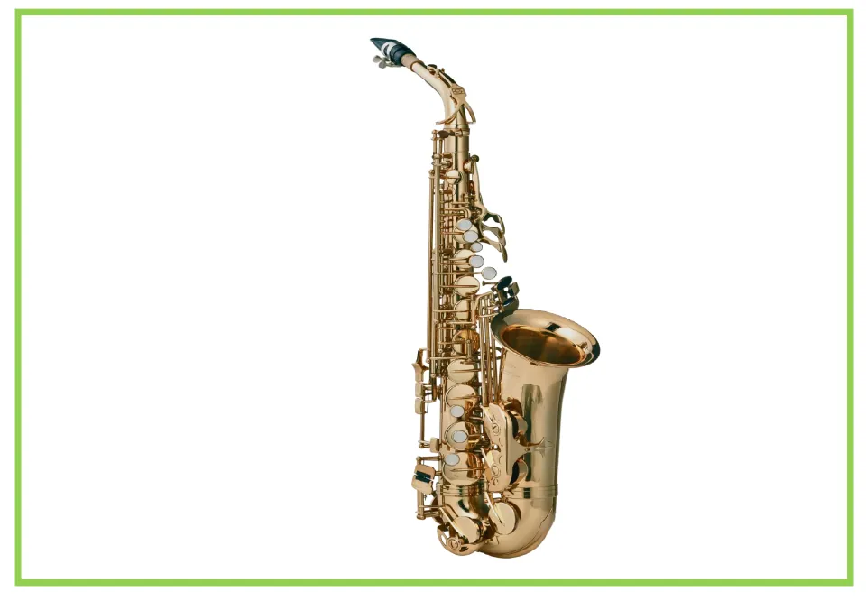 Musical instrument writing and discussion flashcard featuring a gold-colored saxophone with a curved bell