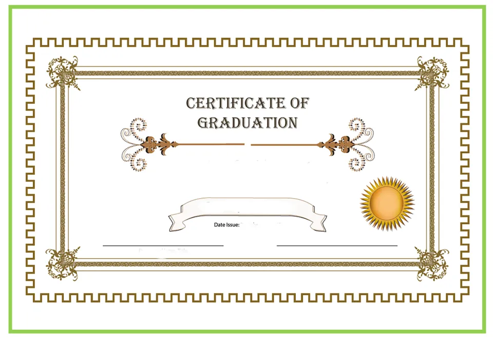 Graduation flashcard: a blank Certificate of Graduation with a gold seal, ribbon banner and Date Issue line to discuss