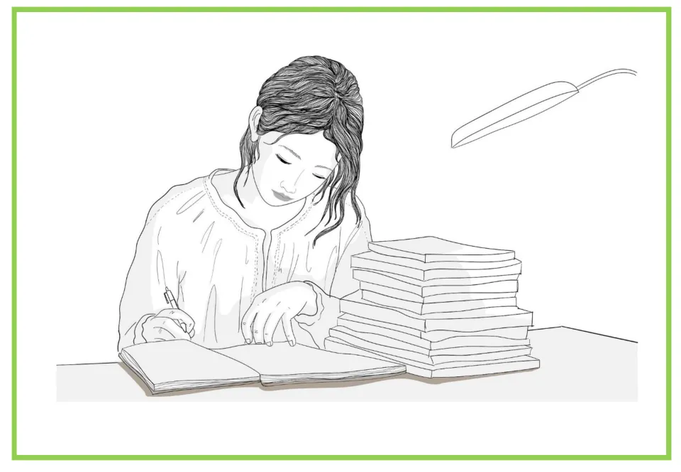 Studying flashcard: a line drawing of a young woman writing in a notebook beside a tall stack of books under a desk lamp