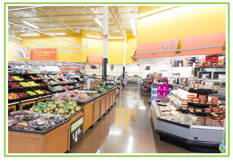 Building discussion and writing prompt card 2: a grocery store interior with produce displays and a deli