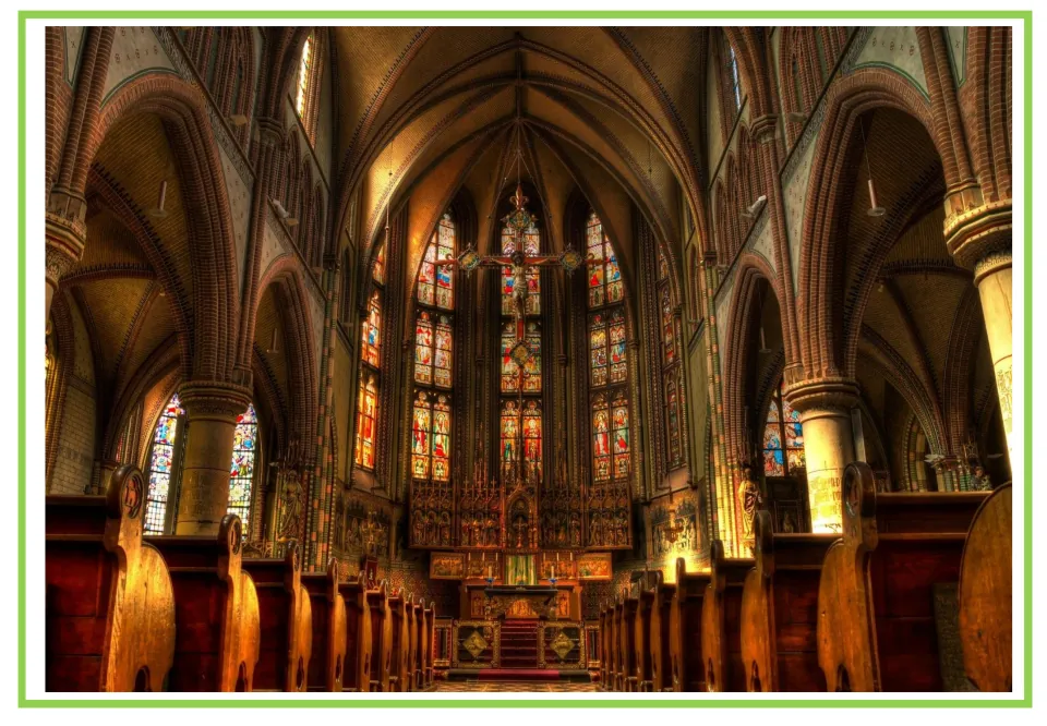 Building discussion and writing prompt card 5: a church interior with pews, stained glass, and an altar