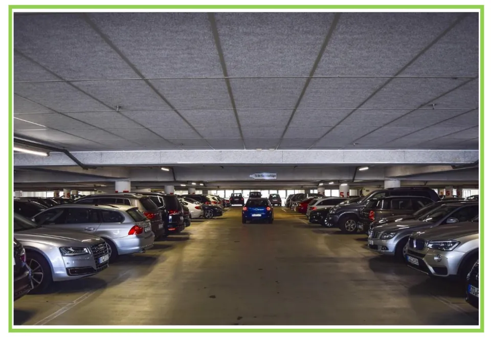 Building discussion and writing prompt card 8: a parking garage with cars parked on both sides of an aisle