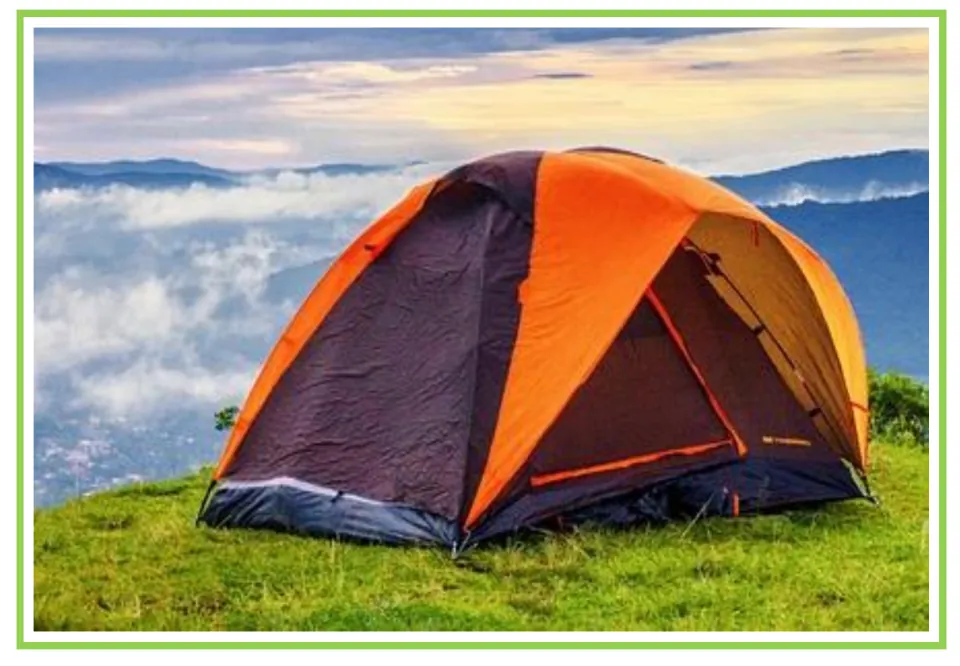 Camping writing and discussion prompt card 1: an orange dome tent on grass overlooking misty mountains