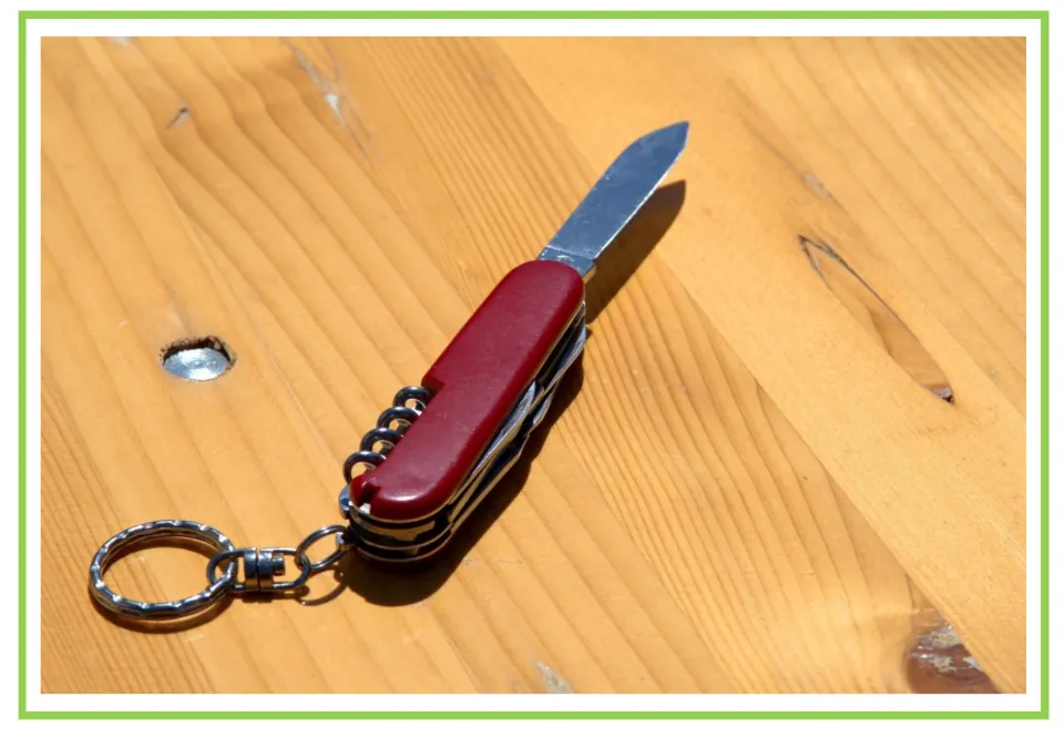 Camping writing and discussion prompt card 10: a red pocketknife with its blade open on a wooden surface