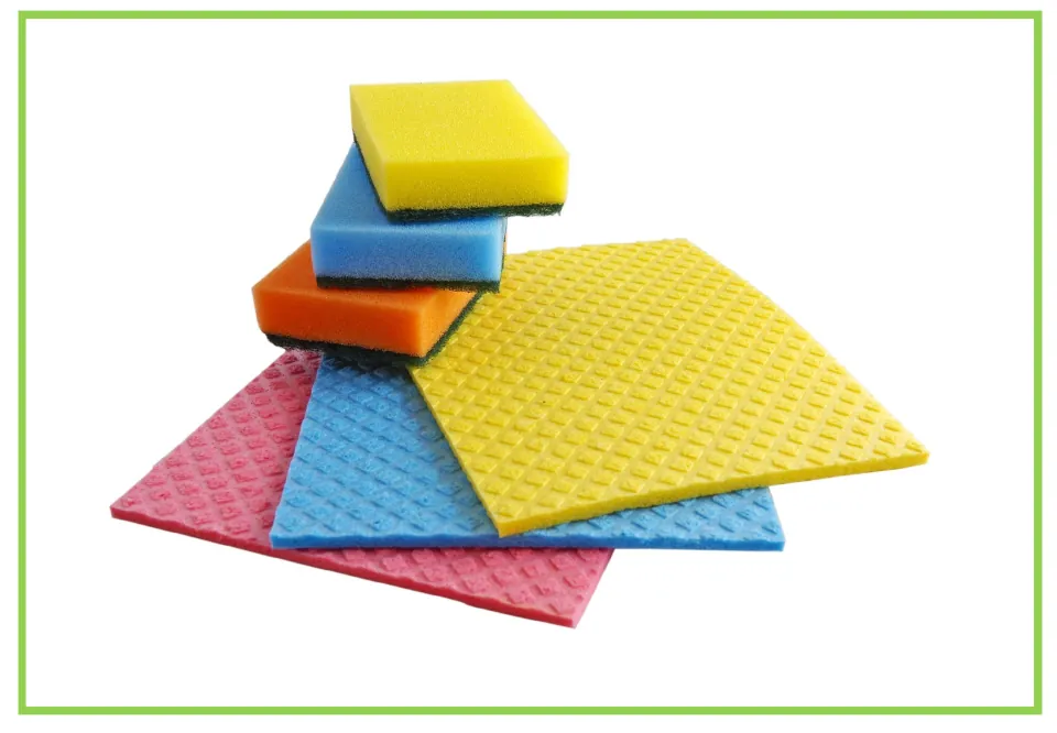 Cleaning discussion flashcard showing stacked yellow, blue, and orange sponges beside flat sponge cloths