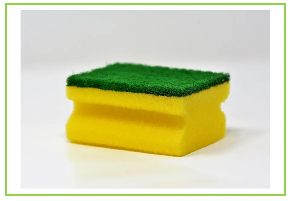 Cleaning discussion flashcard showing a thick yellow sponge topped with a dark green scrubbing surface