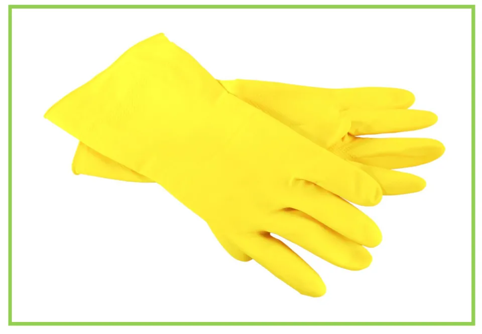 Cleaning discussion flashcard showing a pair of yellow rubber cleaning gloves overlapping at the cuffs