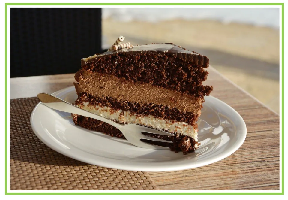 Coffee shop writing and discussion cue card 6: a slice of layered chocolate cake on a plate with a fork