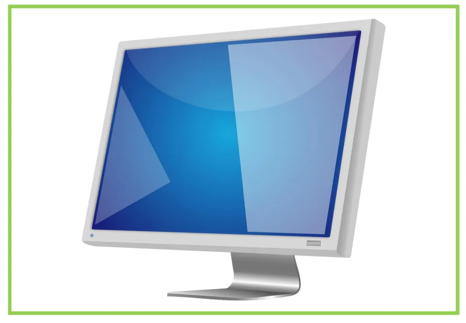 Computer vocabulary flashcard 1 shows a desktop monitor with a blue screen for writing and discussion prompts.