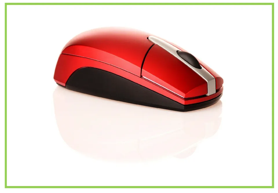 Computer vocabulary flashcard 3 shows a red and black mouse with a scroll wheel for writing and discussion.