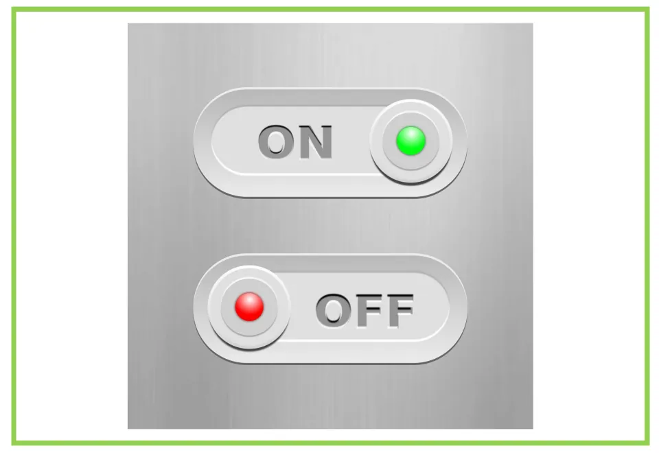 Computer vocabulary flashcard 9 shows ON and OFF switches with green and red lights for discussion.