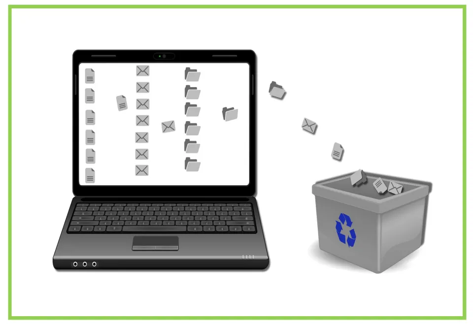 Computer vocabulary flashcard 10 shows files moving from a laptop to a recycling bin for writing and discussion.