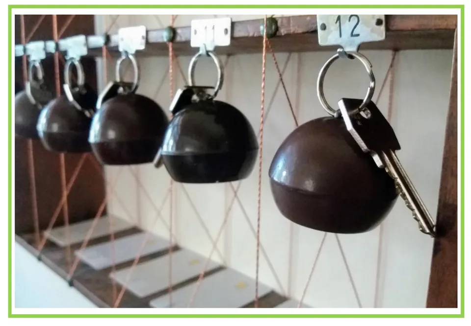 Hotel writing and discussion flashcard 2: room keys with large round key fobs hang beneath numbered tags