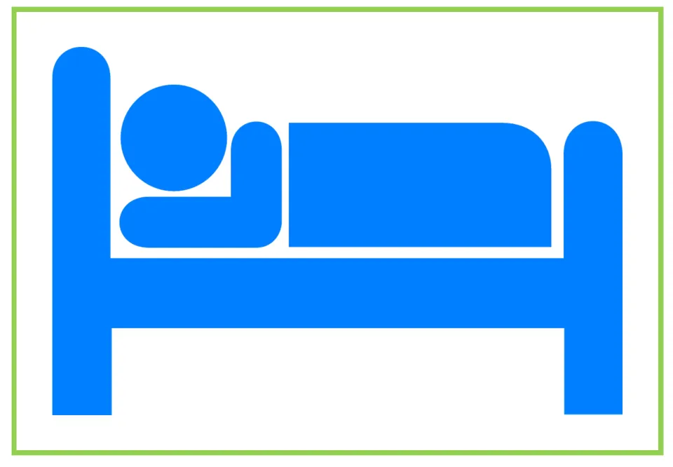 Hotel writing and discussion flashcard 7: a blue lodging symbol shows a person lying down in a bed