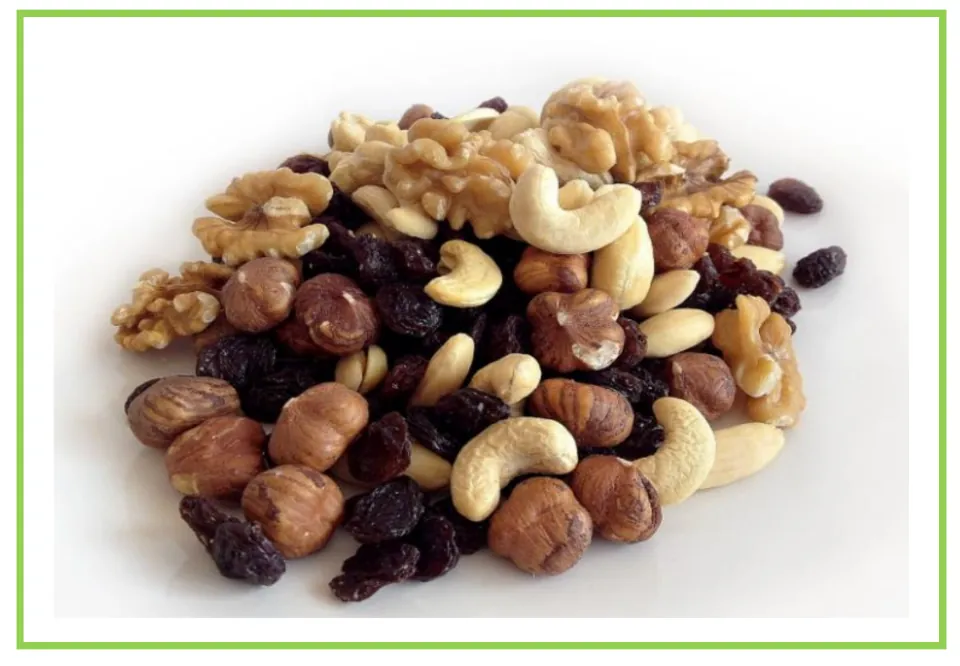 Meals and diet discussion flashcard 1: a pile of mixed nuts and raisins as a photographic writing prompt