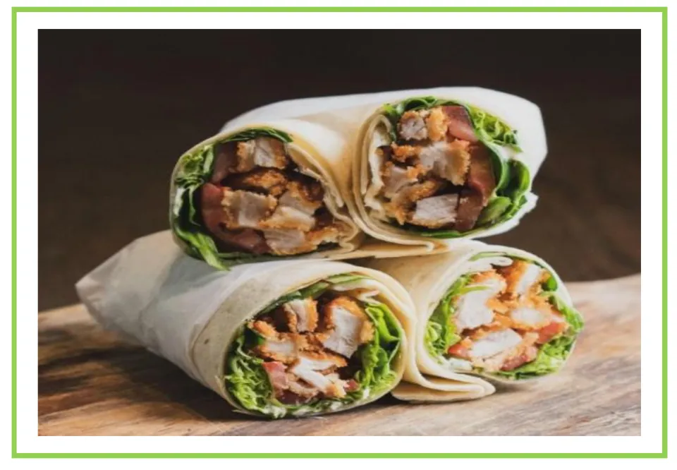 Meals and diet discussion flashcard 4: four wrap halves filled with chicken, lettuce, and tomato