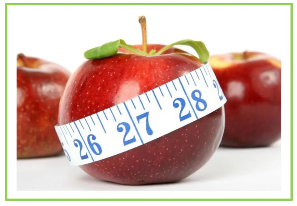 Meals and diet discussion flashcard 8: a red apple wrapped in measuring tape showing 26, 27, and 28