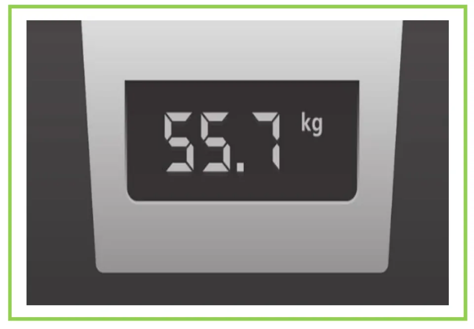 Meals and diet discussion flashcard 10: a digital scale displaying a weight reading of 55.7 kilograms