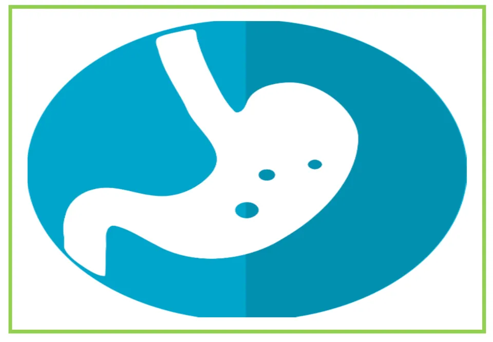 Medical center writing and discussion flashcard 7 shows a white stomach symbol against a blue background.