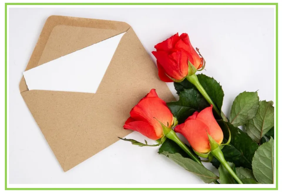 Party writing and discussion flashcard 5: three red roses beside an open brown envelope and a blank card