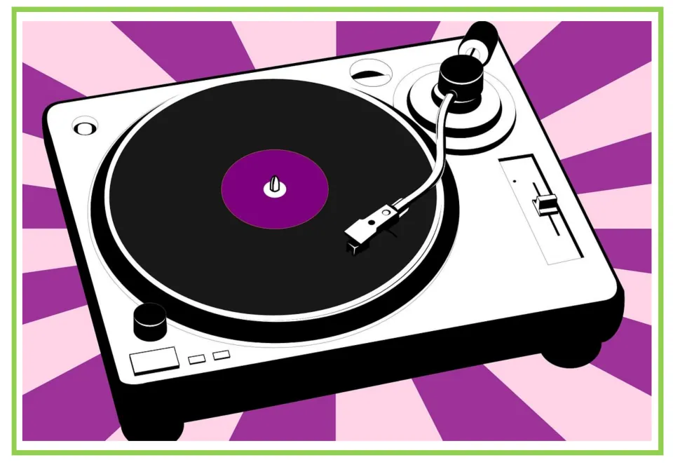 Party writing and discussion flashcard 10: an illustrated record player with a black record and tonearm