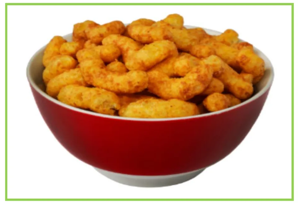 Salty snack flashcard 2 for writing prompts and discussions shows orange puffed snacks in a red bowl.