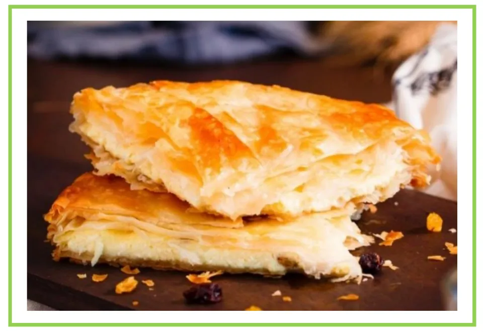 Salty snack flashcard 5 for writing prompts and discussions shows two stacked pieces of flaky pastry.