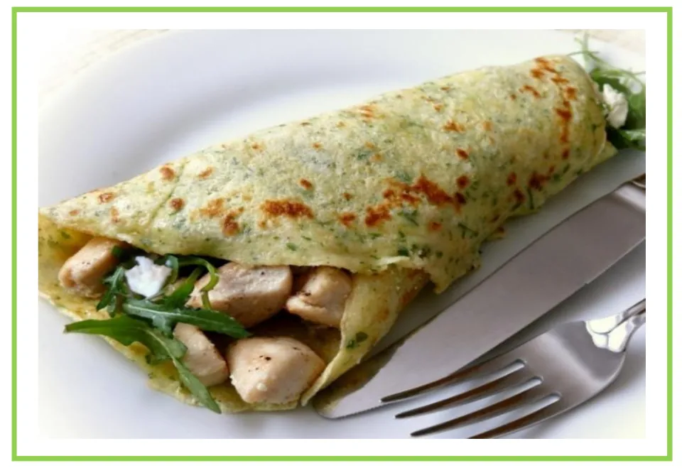 Salty snack flashcard 7 for writing prompts and discussions shows a rolled wrap filled with greens.