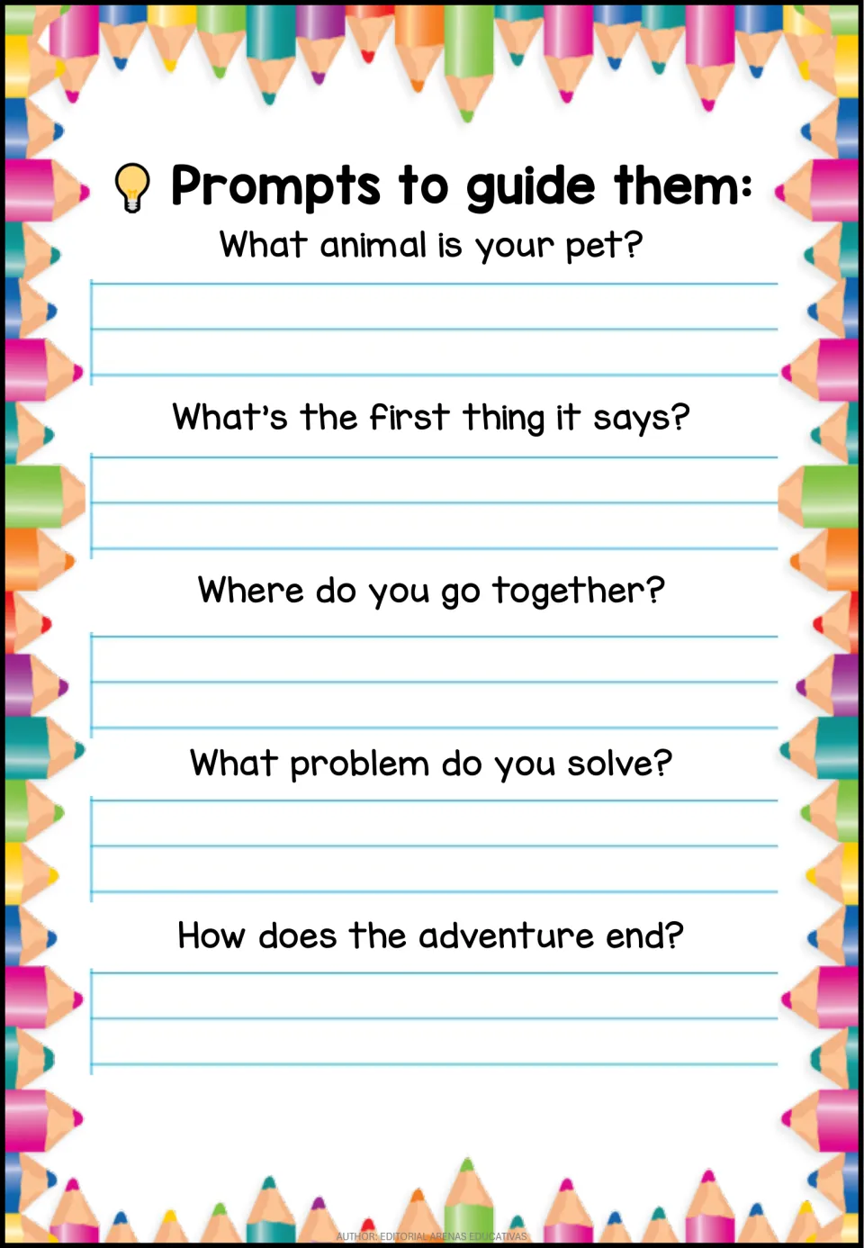 Five story-planning questions ask about your pet, its first words, your destination, a problem, and the ending