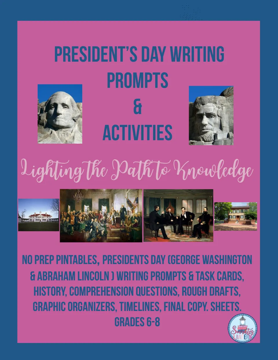Cover of the Presidents' Day writing resource featuring George Washington and Abraham Lincoln for grades 6–8