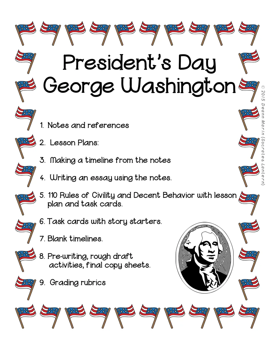 Washington section overview lists notes, lesson plans, timelines, essays, Rules of Civility, and task cards