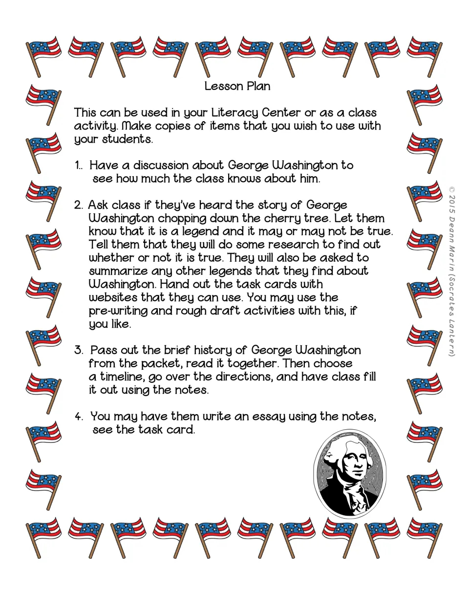 Washington lesson steps 1–4 cover discussion, cherry tree legend research, a history reading, and timeline work