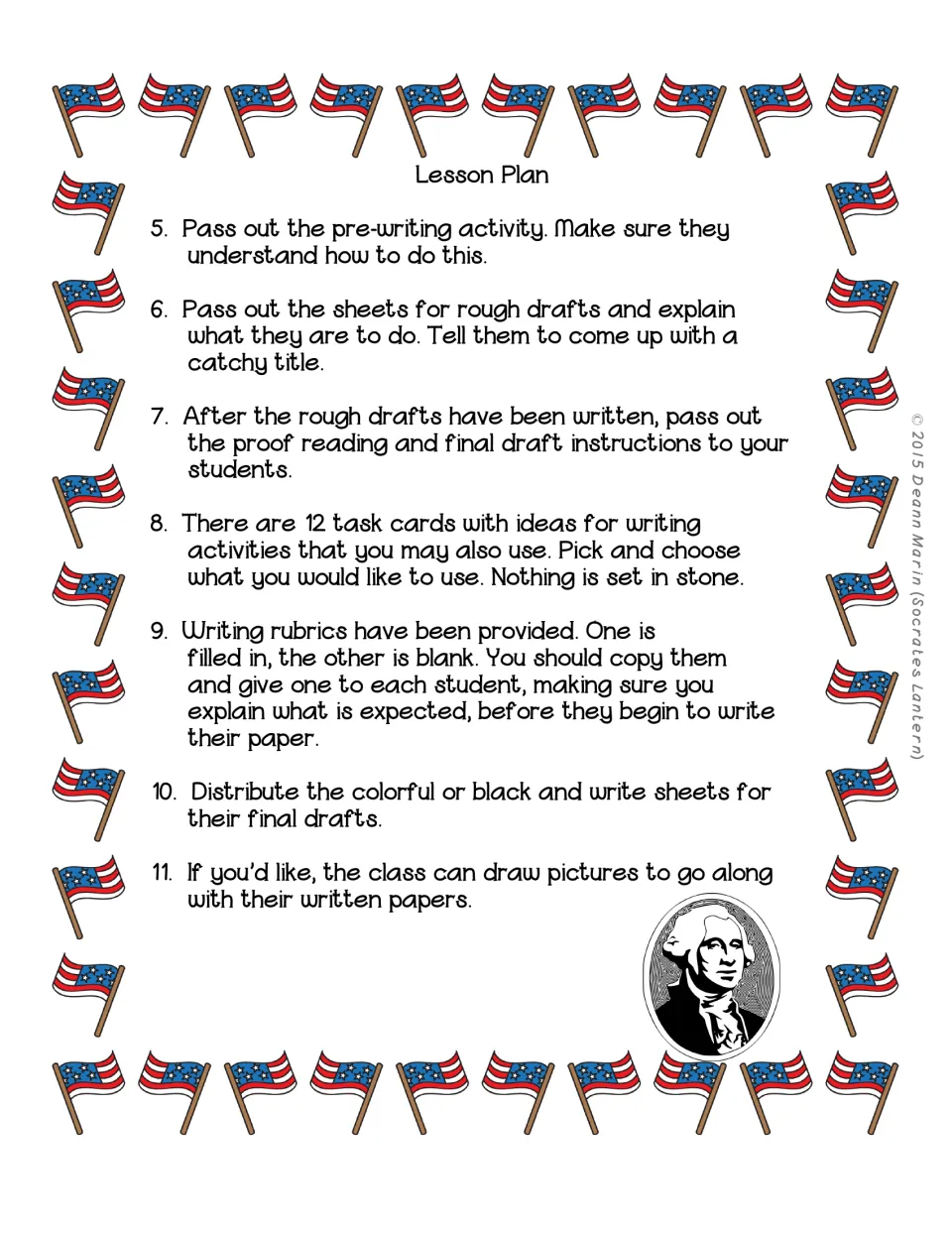 Washington lesson steps 5–11 cover prewriting, drafts, proofreading, 12 writing task cards, and rubrics