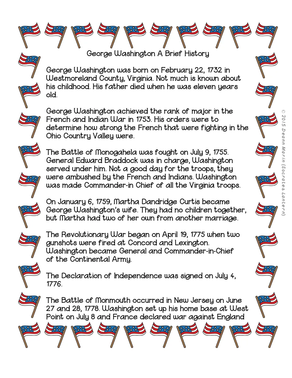 Washington history reading begins with his birth and covers military service, marriage, and Revolutionary War events