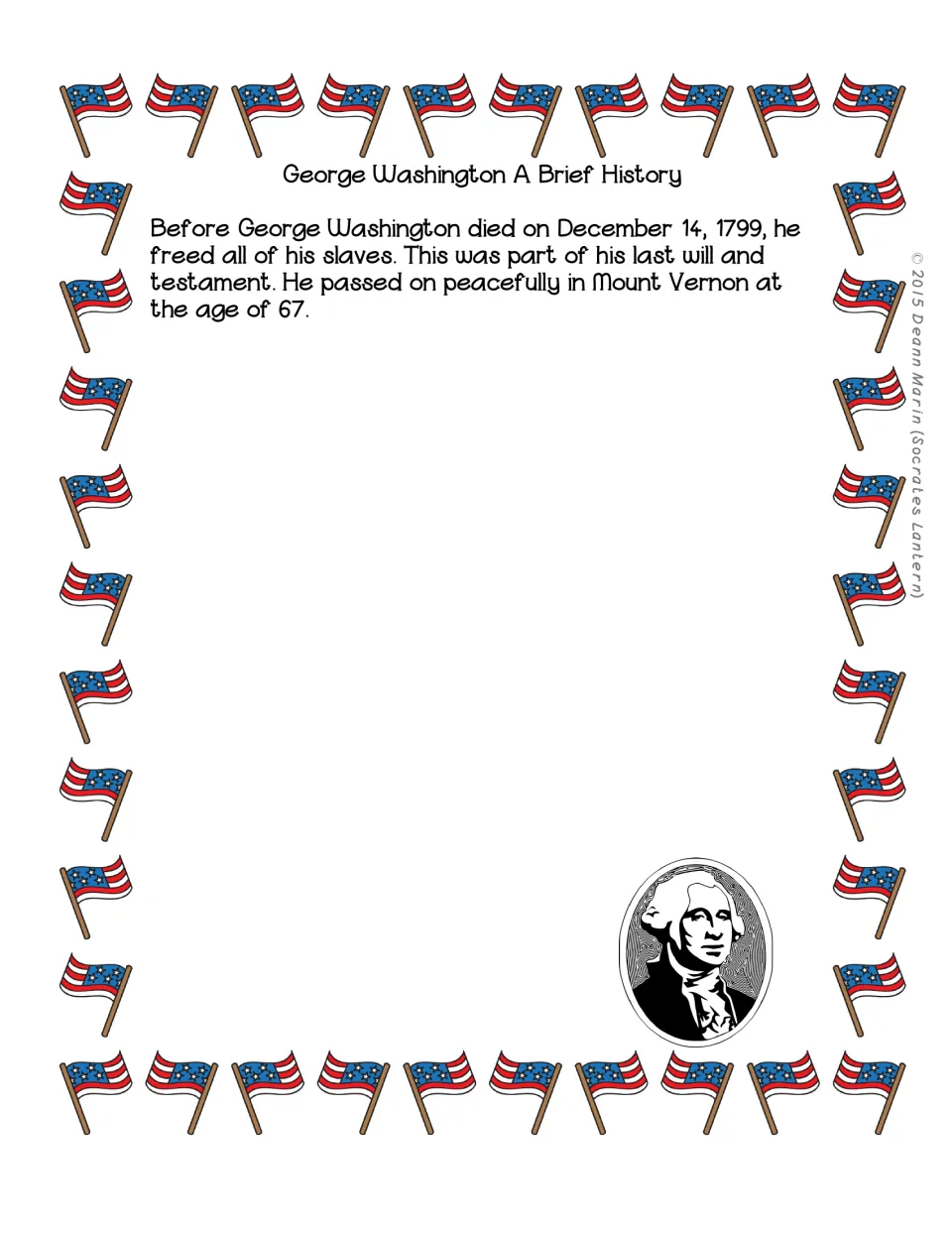 Washington history reading concludes with a paragraph about his will, enslaved people, and death at Mount Vernon