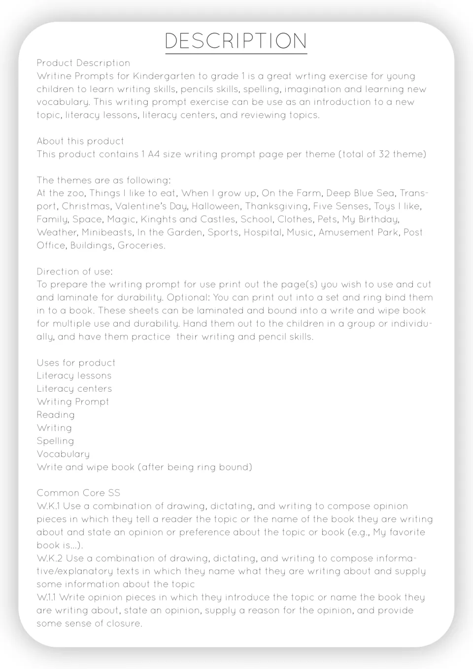 Product description: the 32 prompt themes, printing and laminating directions, and a list of classroom uses