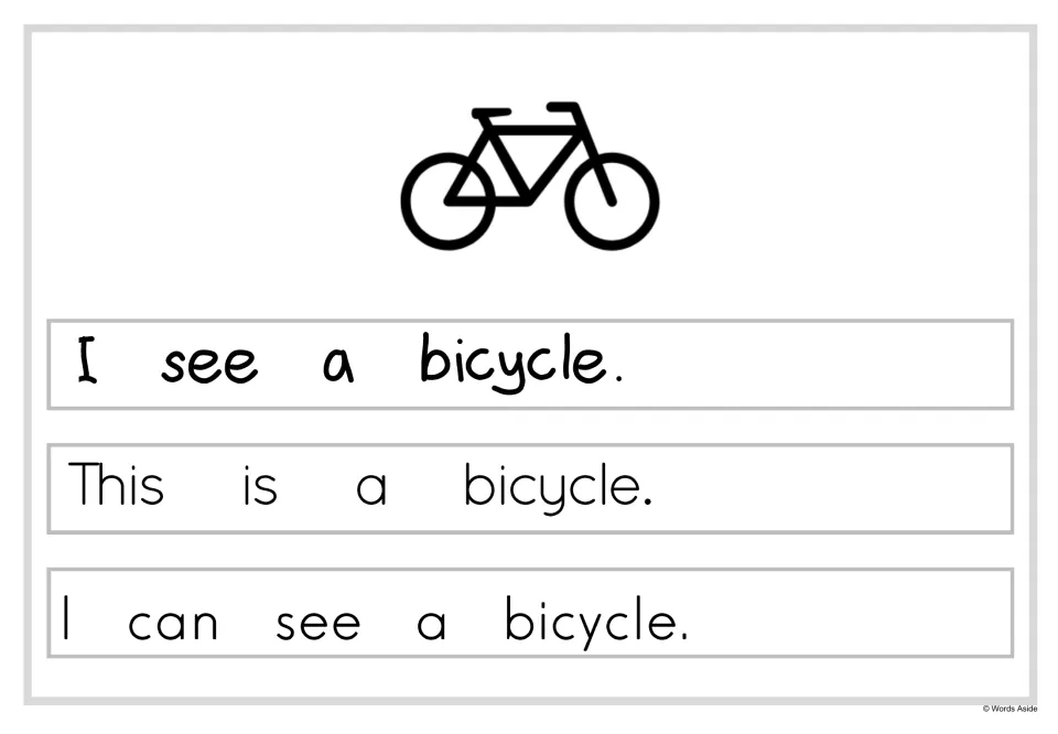 Simple sentence reading card: a bicycle picture with three sentences to read, such as I see a bicycle and This is a bicycle
