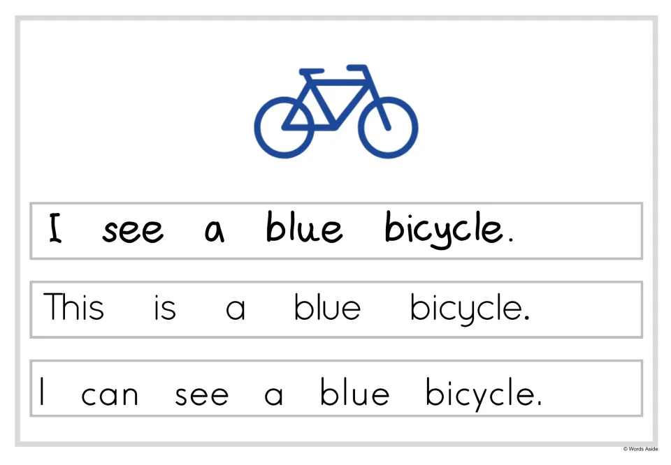 Adding a color word: students read three sentences about a blue bicycle pictured above, such as I can see a blue bicycle