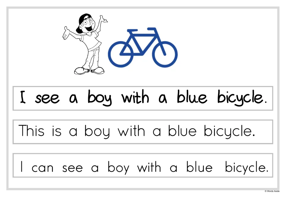 Longer sentence reading: a boy beside a blue bicycle with three sentences to read, like This is a boy with a blue bicycle
